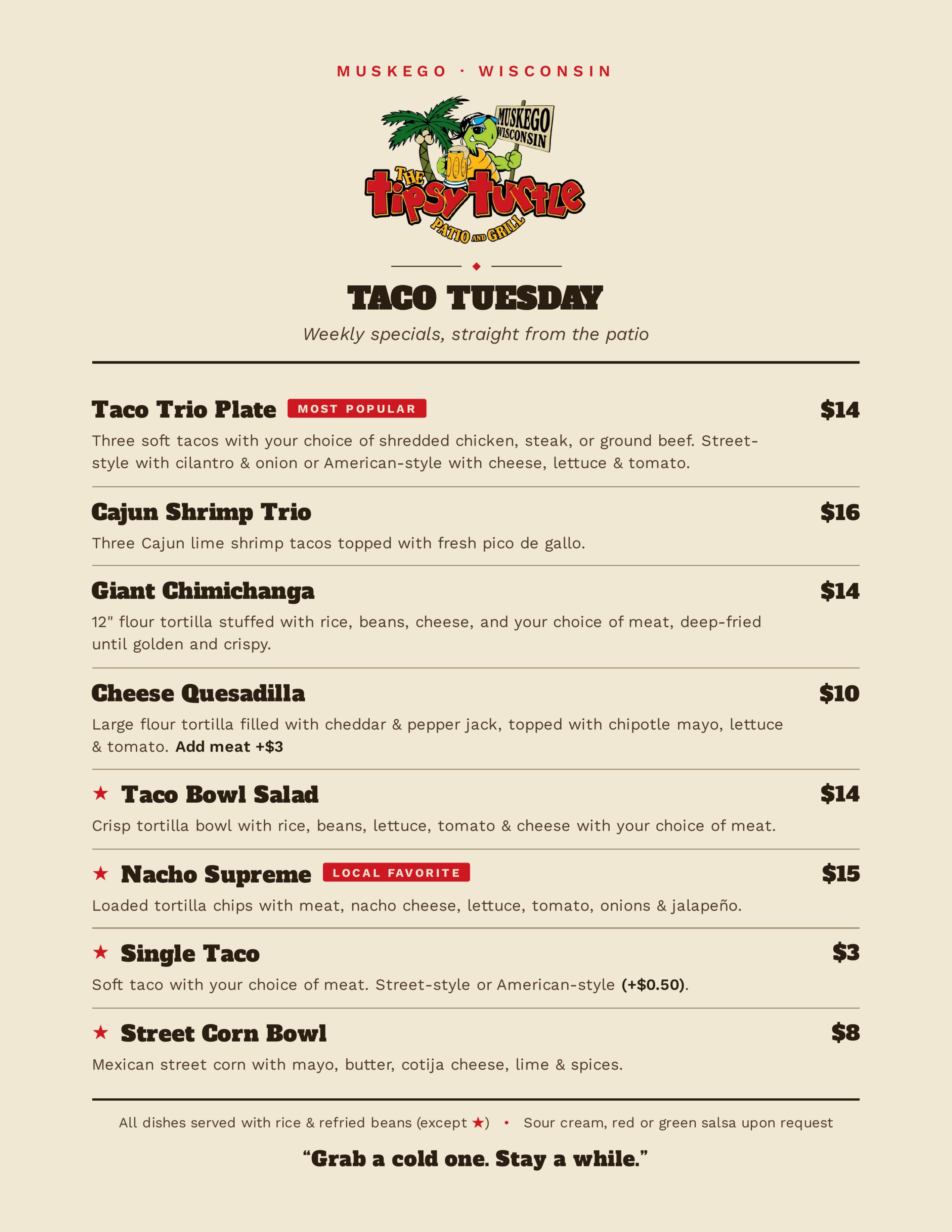 Tipsy Turtle Taco Tuesday menu — weekly specials print piece